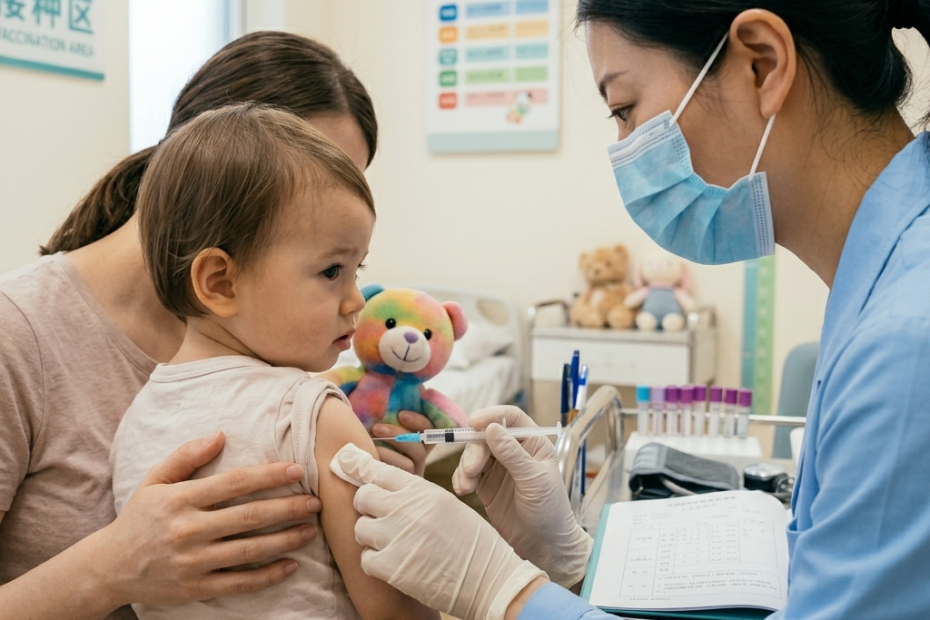 A nurse vaccinating a child in a clinic, AI-generated image.